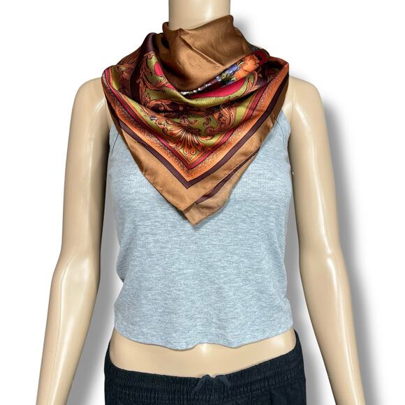Vintage Womens Scarf Brown Blue Red Orange Floral Print Made in Italy 13962 - Picture 3 of 6